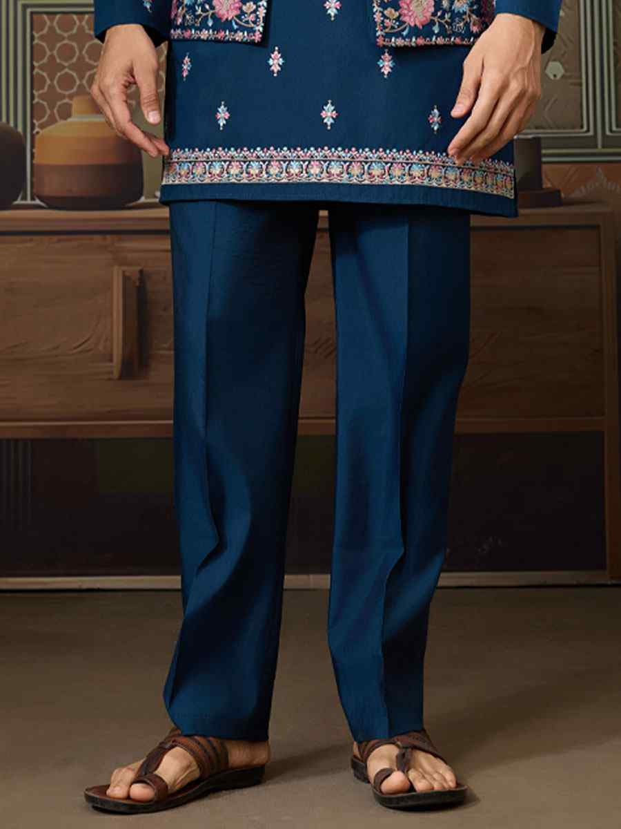 Teal Blue Silk Embroidery Festival Wedding Party Mens Kurta with Jacket