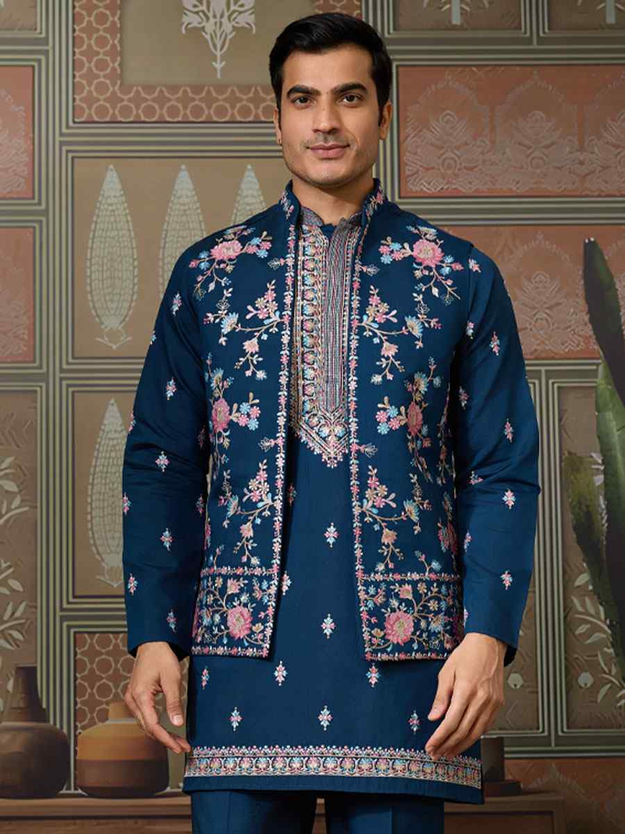 Teal Blue Silk Embroidery Festival Wedding Party Mens Kurta with Jacket