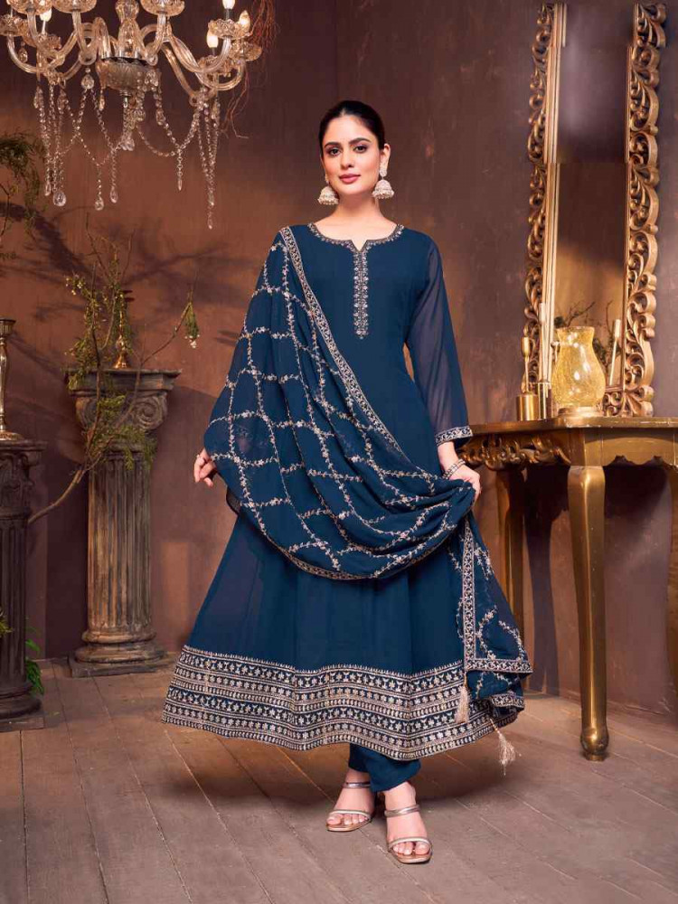 Image of Teal Blue Silk Embroidery Party Wedding Festival Casual Ready Anarkali Salwar Kameez