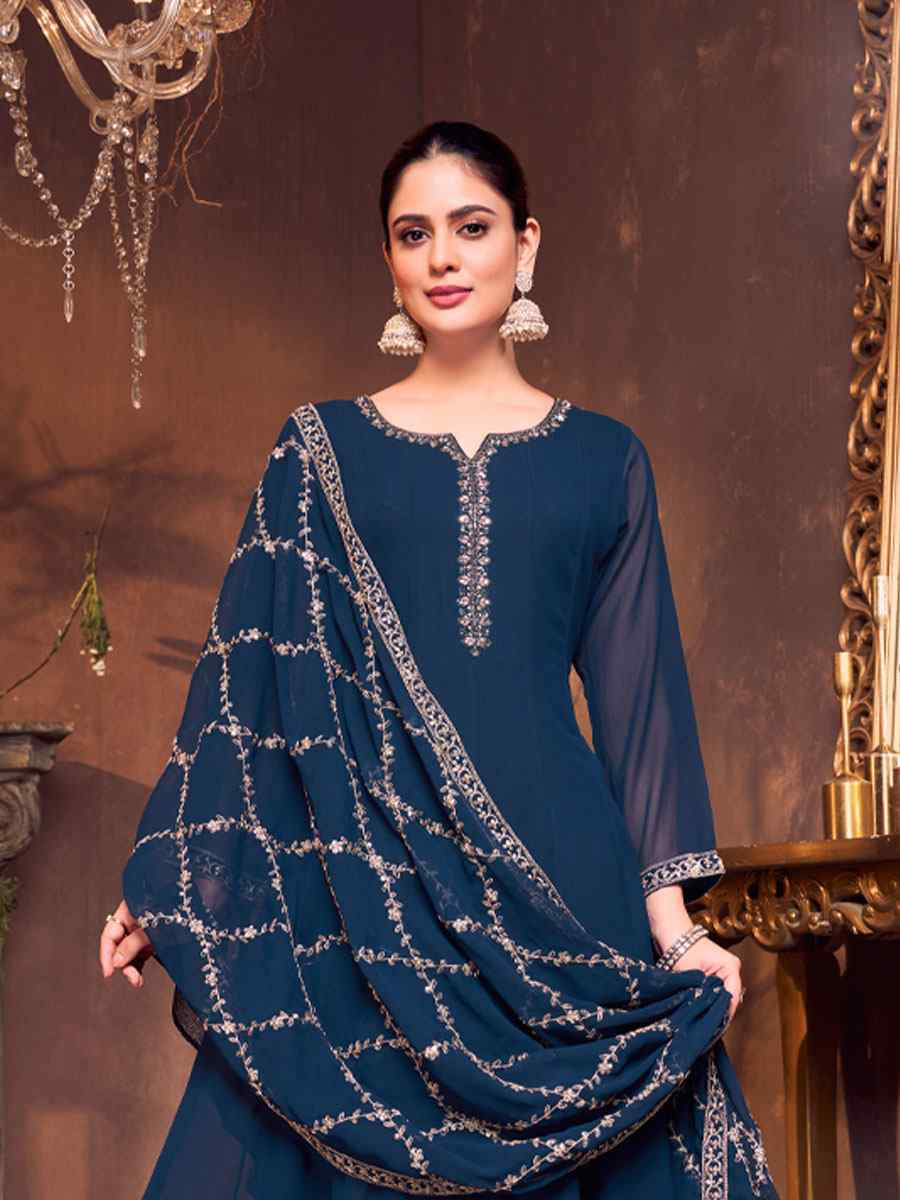 Teal Blue Silk Embroidery Party Wedding Festival Casual Ready Anarkali Salwar Kameez