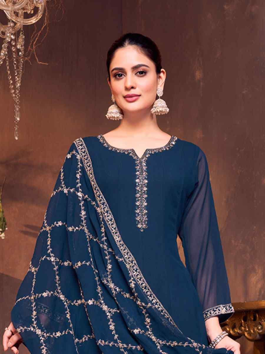 Teal Blue Silk Embroidery Party Wedding Festival Casual Ready Anarkali Salwar Kameez