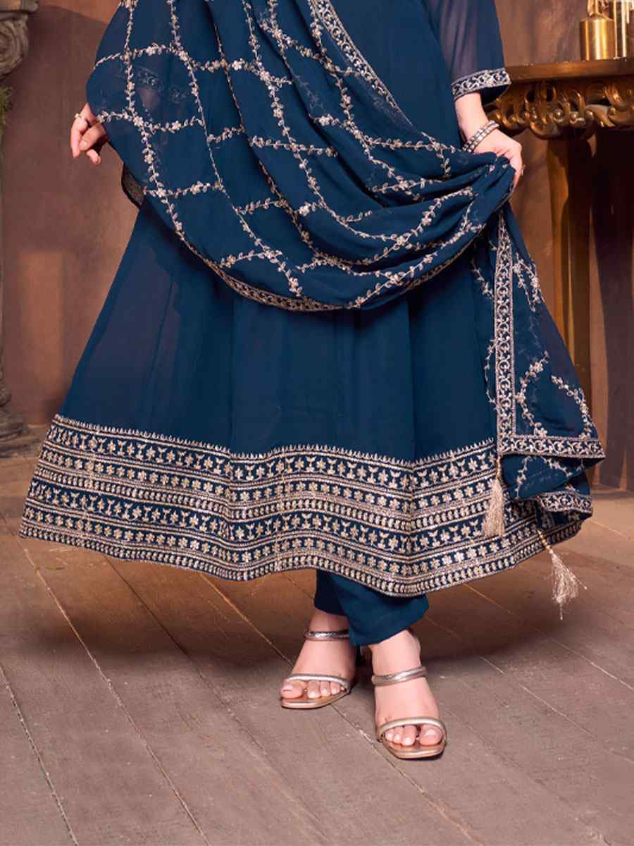 Teal Blue Silk Embroidery Party Wedding Festival Casual Ready Anarkali Salwar Kameez