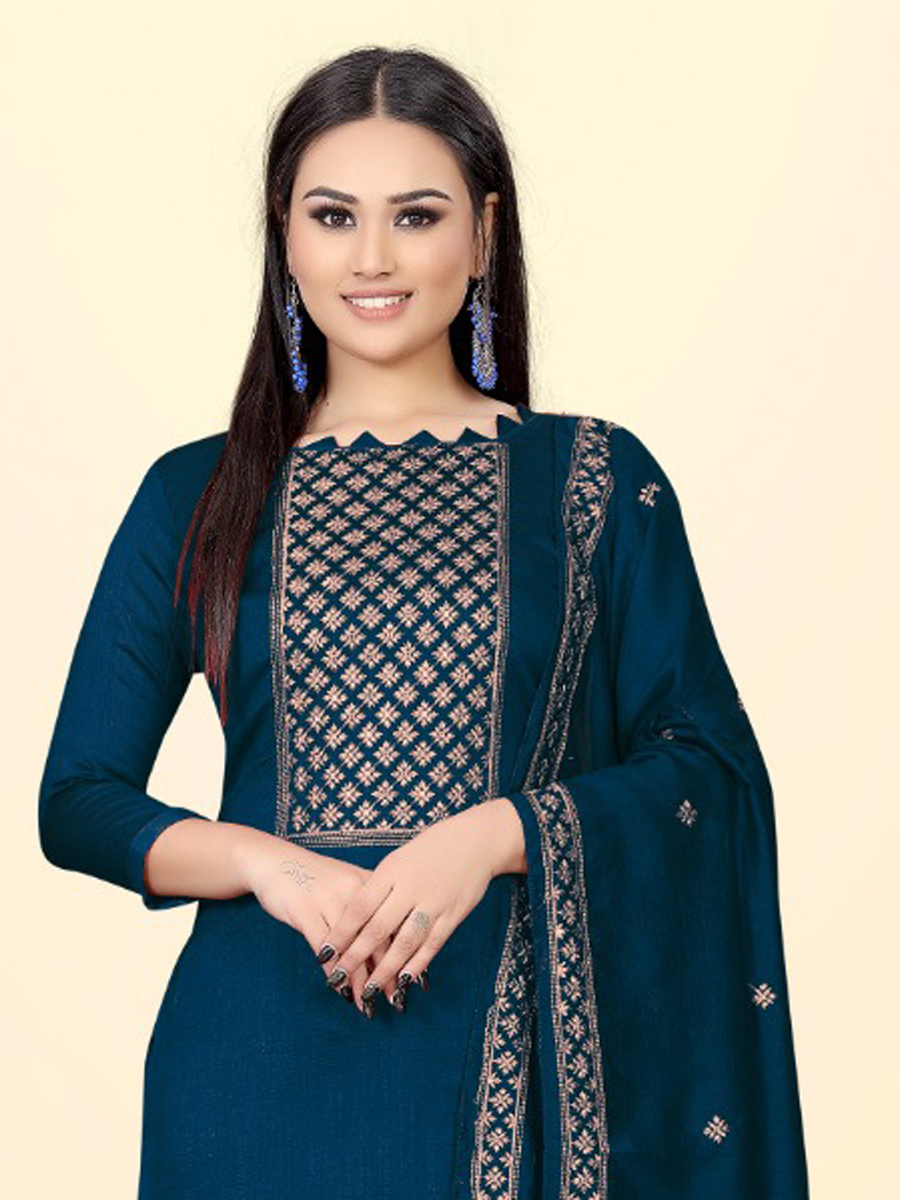 Teal Blue Silk Handwoven Casual Festival Pant Salwar Kameez