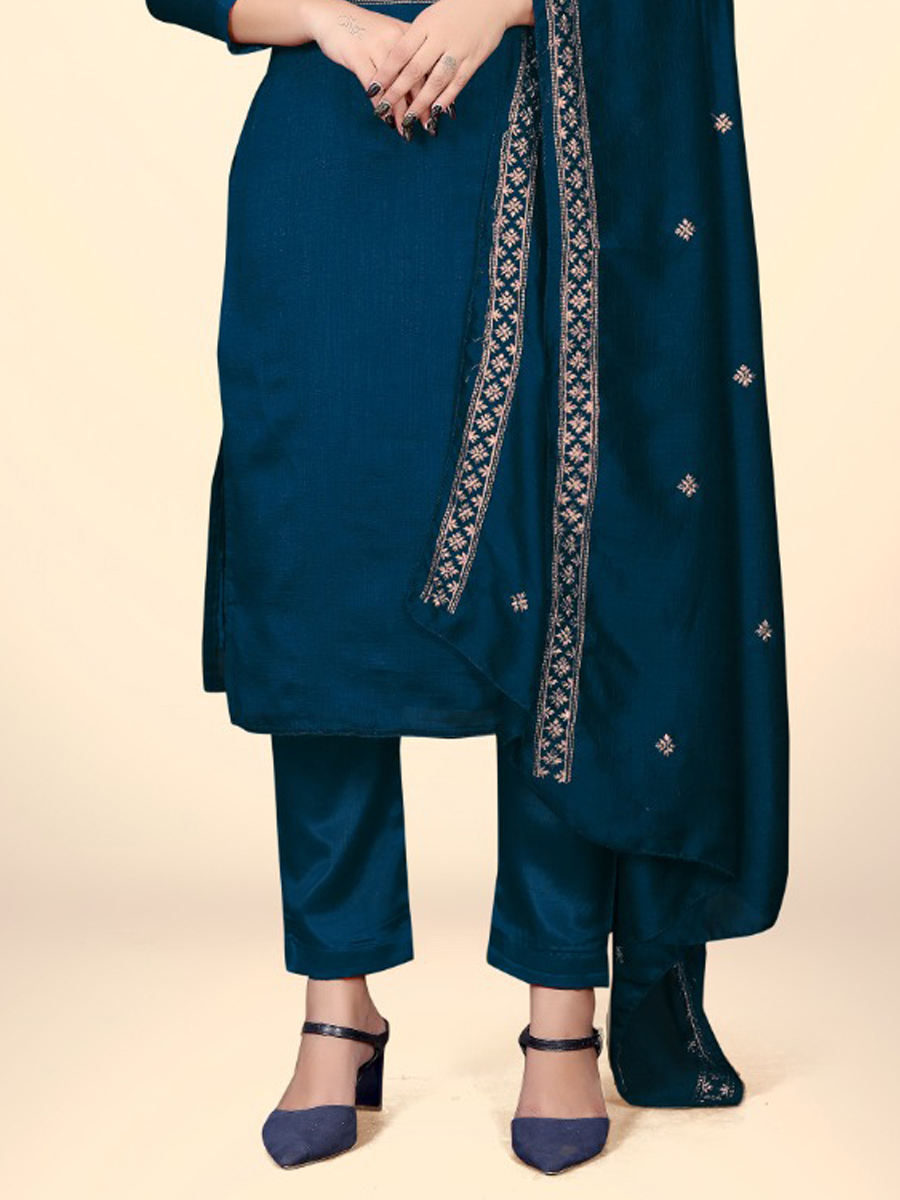 Teal Blue Silk Handwoven Casual Festival Pant Salwar Kameez