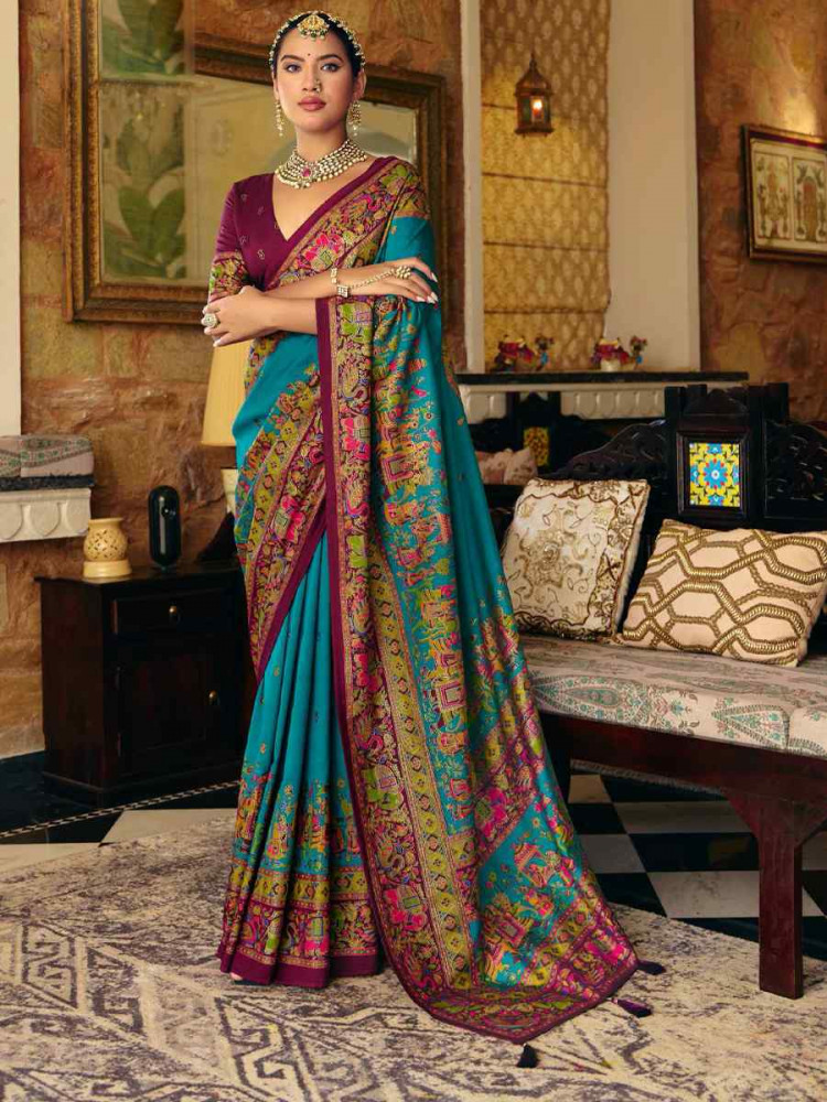 Image of Teal Blue Silk Handwoven Casual Reception Festival Wedding Fancy Heavy Border Saree