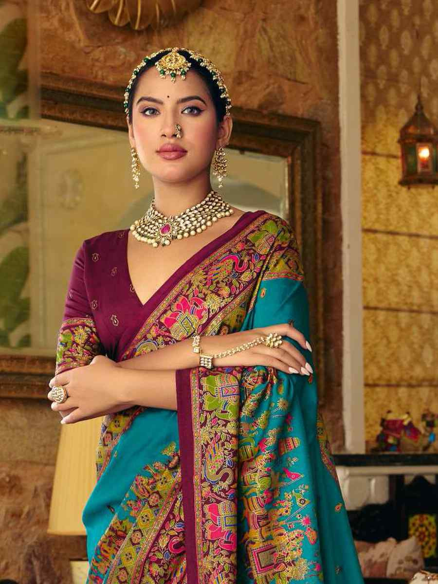 Teal Blue Silk Handwoven Casual Reception Festival Wedding Fancy Heavy Border Saree