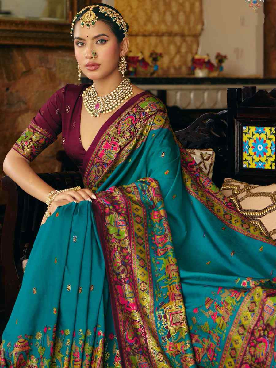 Teal Blue Silk Handwoven Casual Reception Festival Wedding Fancy Heavy Border Saree