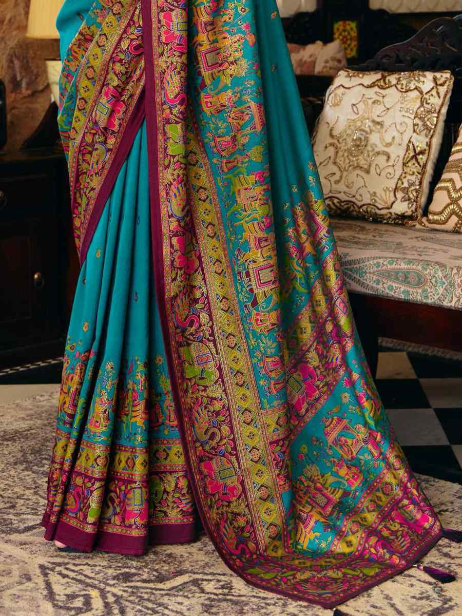 Teal Blue Silk Handwoven Casual Reception Festival Wedding Fancy Heavy Border Saree