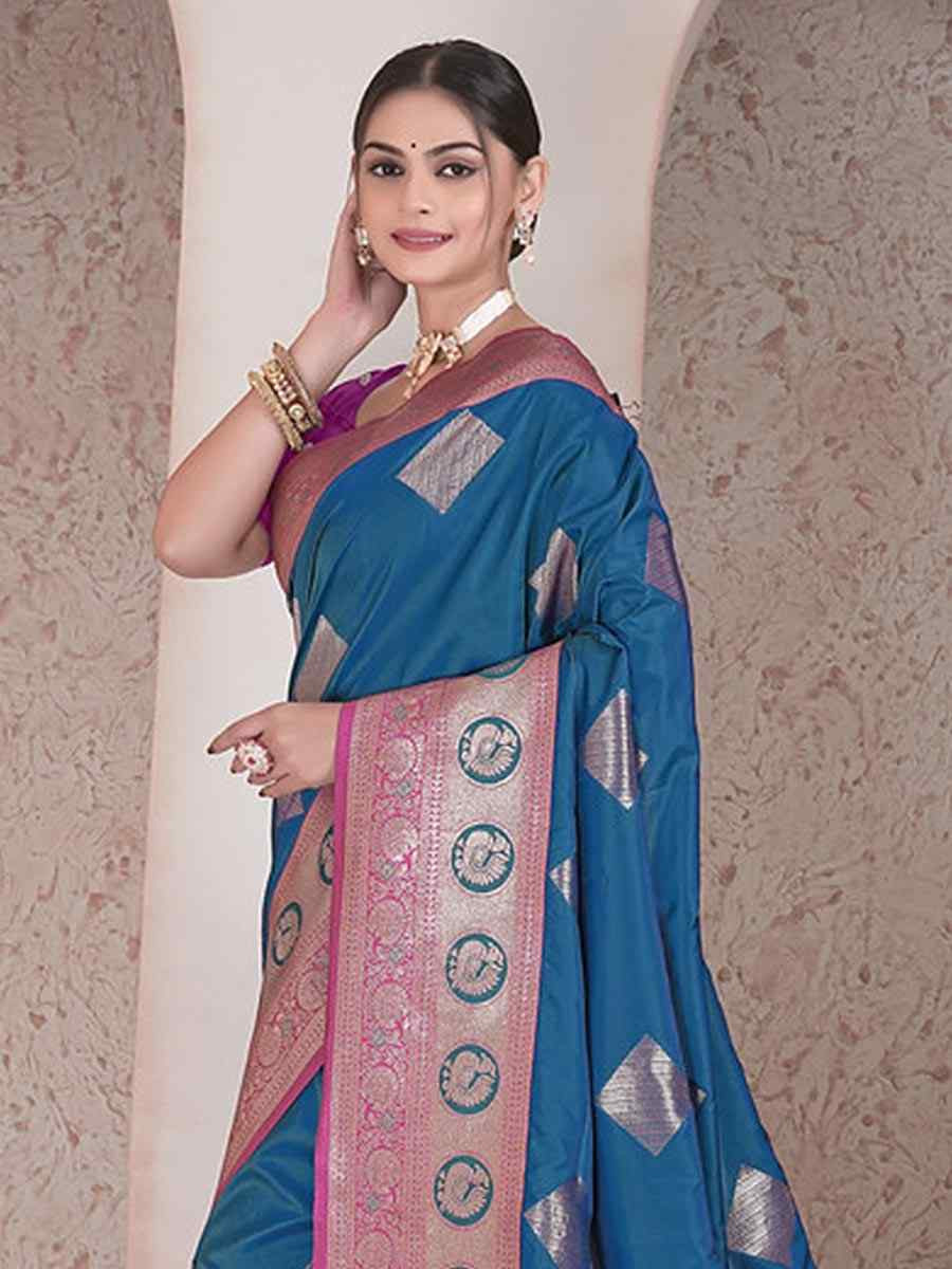 Teal Blue Silk Handwoven Festival Wedding Fancy Heavy Border Saree