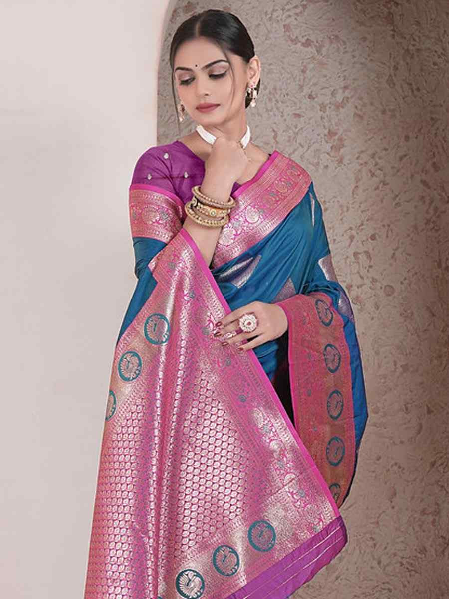 Teal Blue Silk Handwoven Festival Wedding Fancy Heavy Border Saree