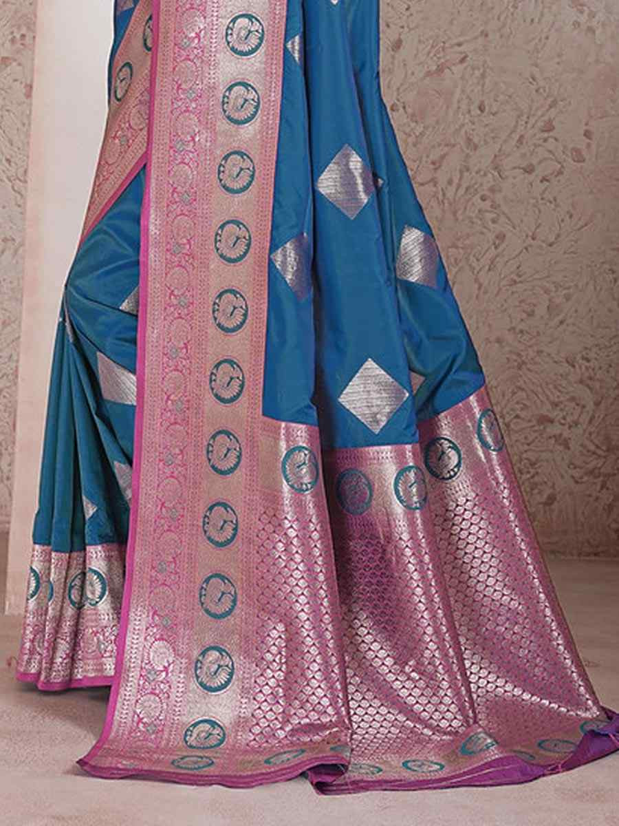 Teal Blue Silk Handwoven Festival Wedding Fancy Heavy Border Saree