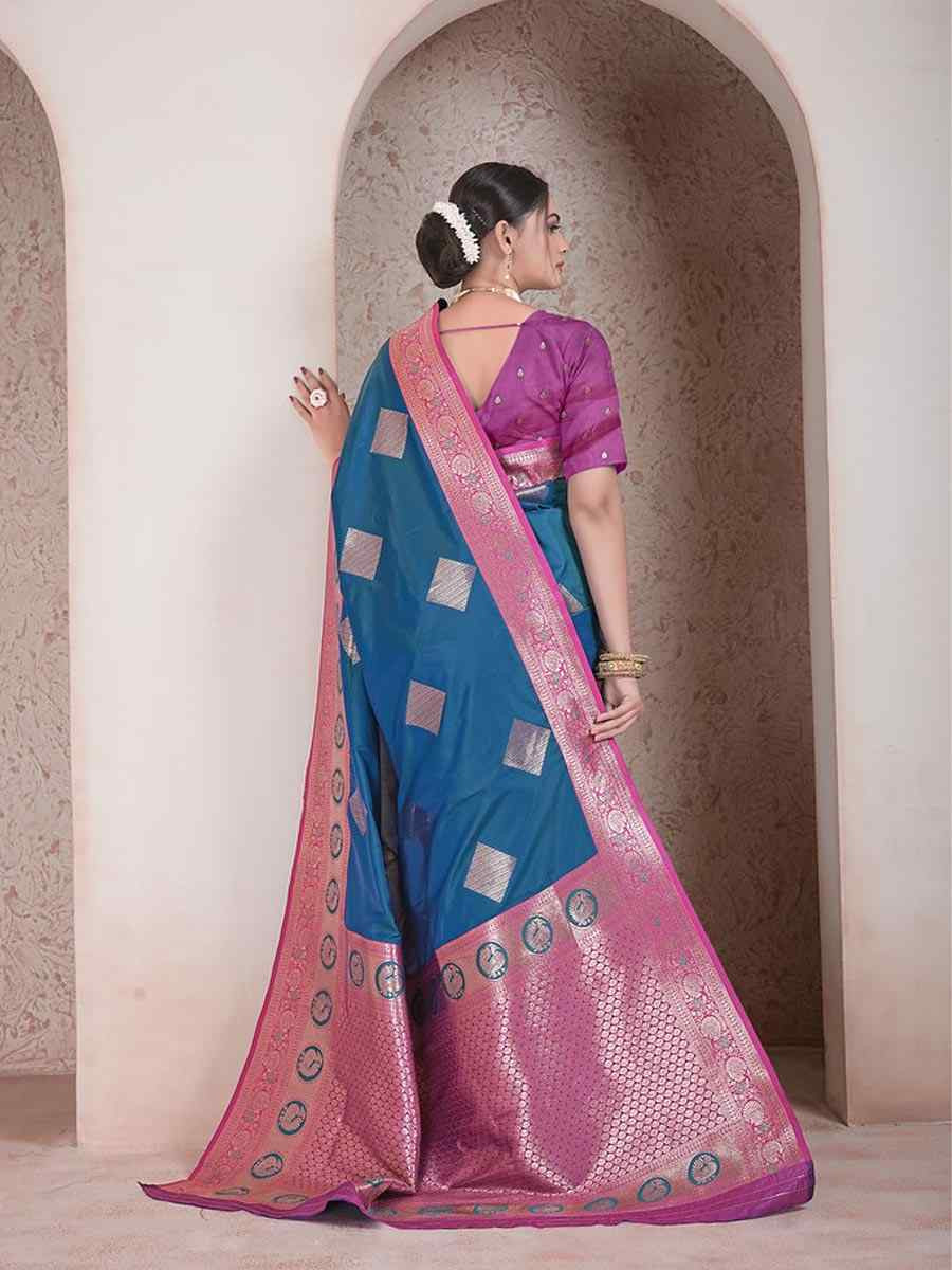 Teal Blue Silk Handwoven Festival Wedding Fancy Heavy Border Saree