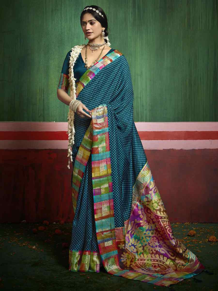 Teal Blue Silk Handwoven Festival Wedding Fancy Heavy Border Saree