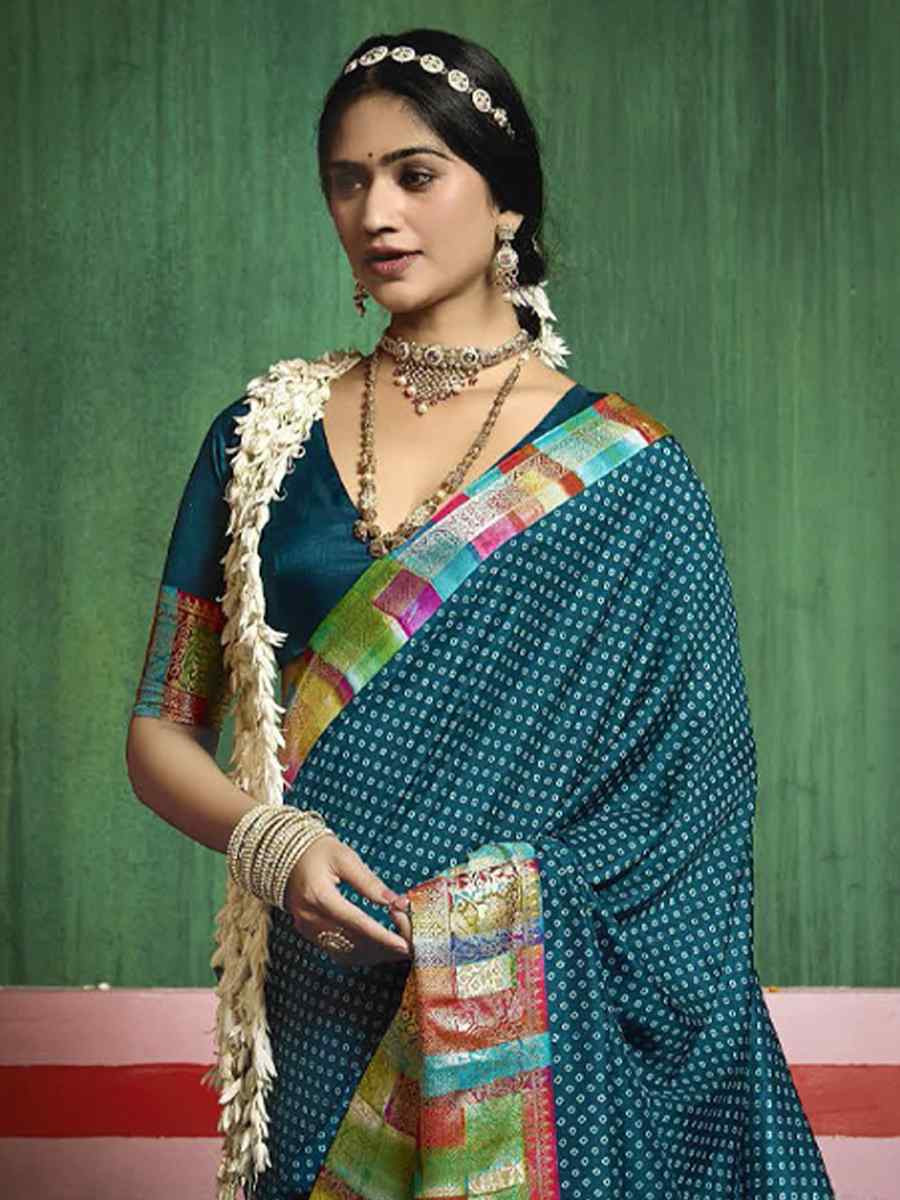 Teal Blue Silk Handwoven Festival Wedding Fancy Heavy Border Saree