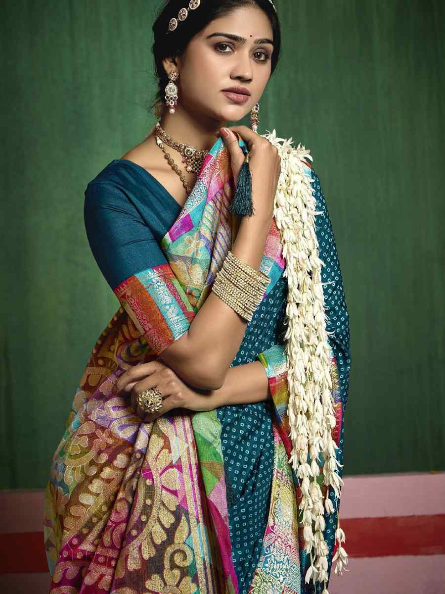Teal Blue Silk Handwoven Festival Wedding Fancy Heavy Border Saree