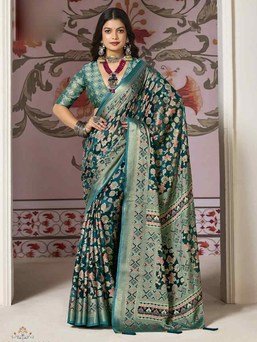 Teal Blue Silk Handwoven Festival Wedding Fancy Heavy Border Saree