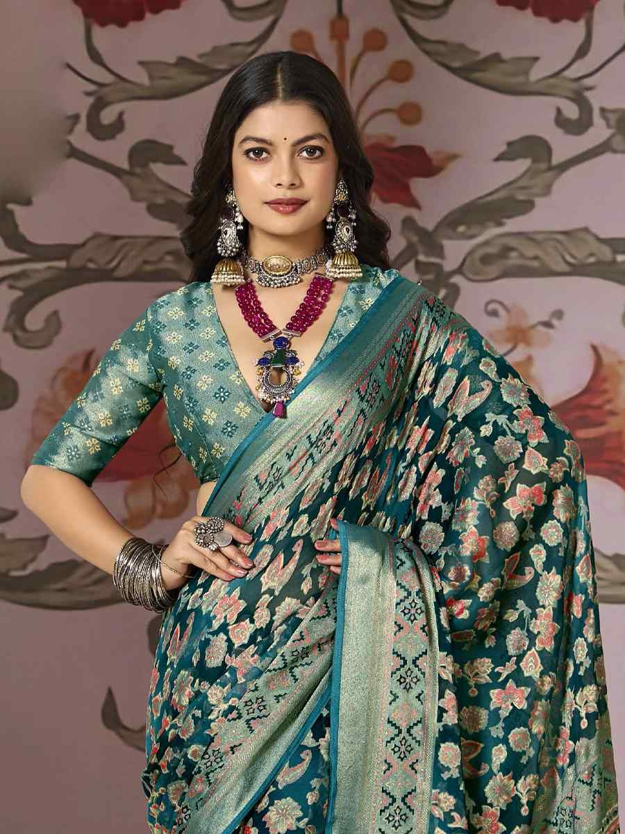 Teal Blue Silk Handwoven Festival Wedding Fancy Heavy Border Saree