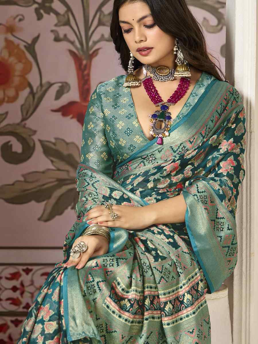 Teal Blue Silk Handwoven Festival Wedding Fancy Heavy Border Saree