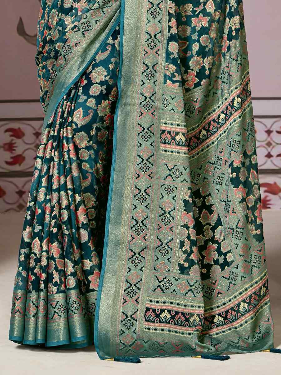 Teal Blue Silk Handwoven Festival Wedding Fancy Heavy Border Saree