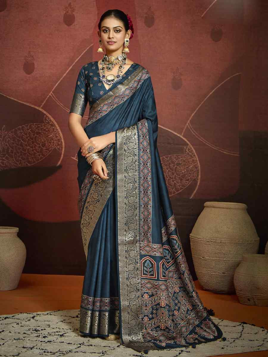 Teal Blue Silk Handwoven Festival Wedding Fancy Heavy Border Saree