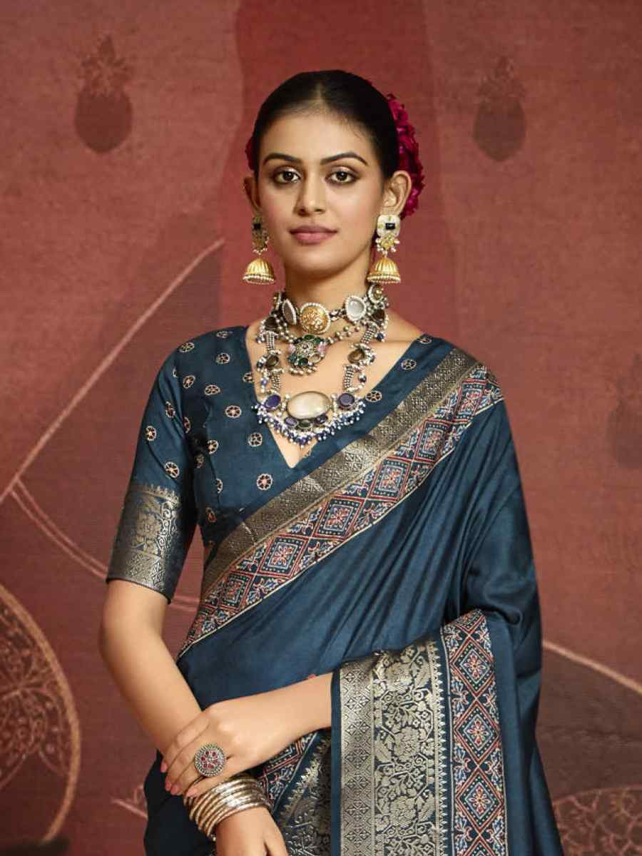 Teal Blue Silk Handwoven Festival Wedding Fancy Heavy Border Saree