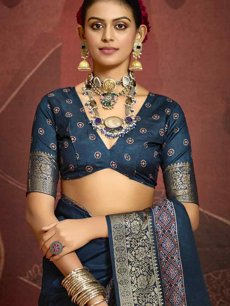 Teal Blue Silk Handwoven Festival Wedding Fancy Heavy Border Saree