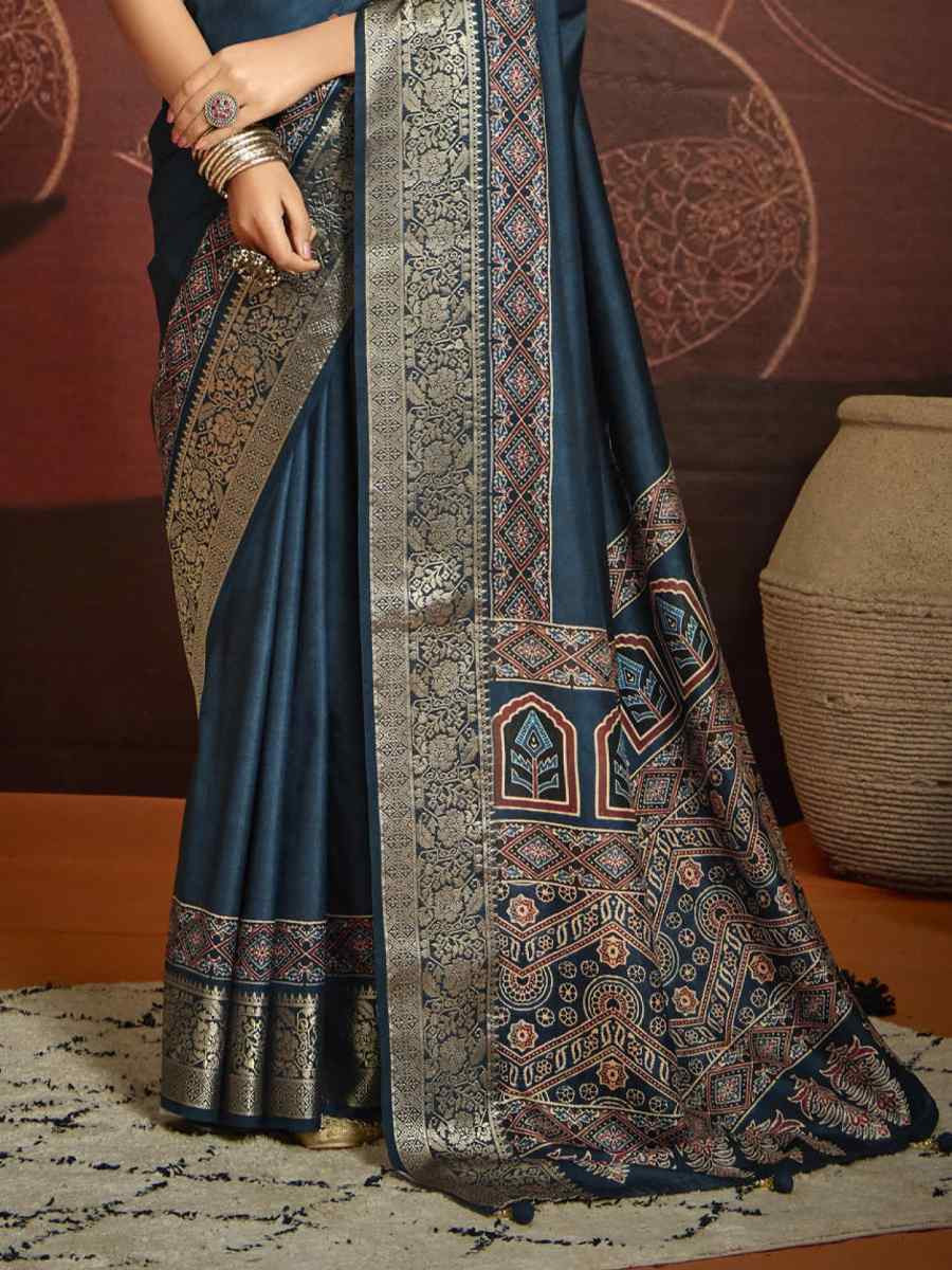 Teal Blue Silk Handwoven Festival Wedding Fancy Heavy Border Saree
