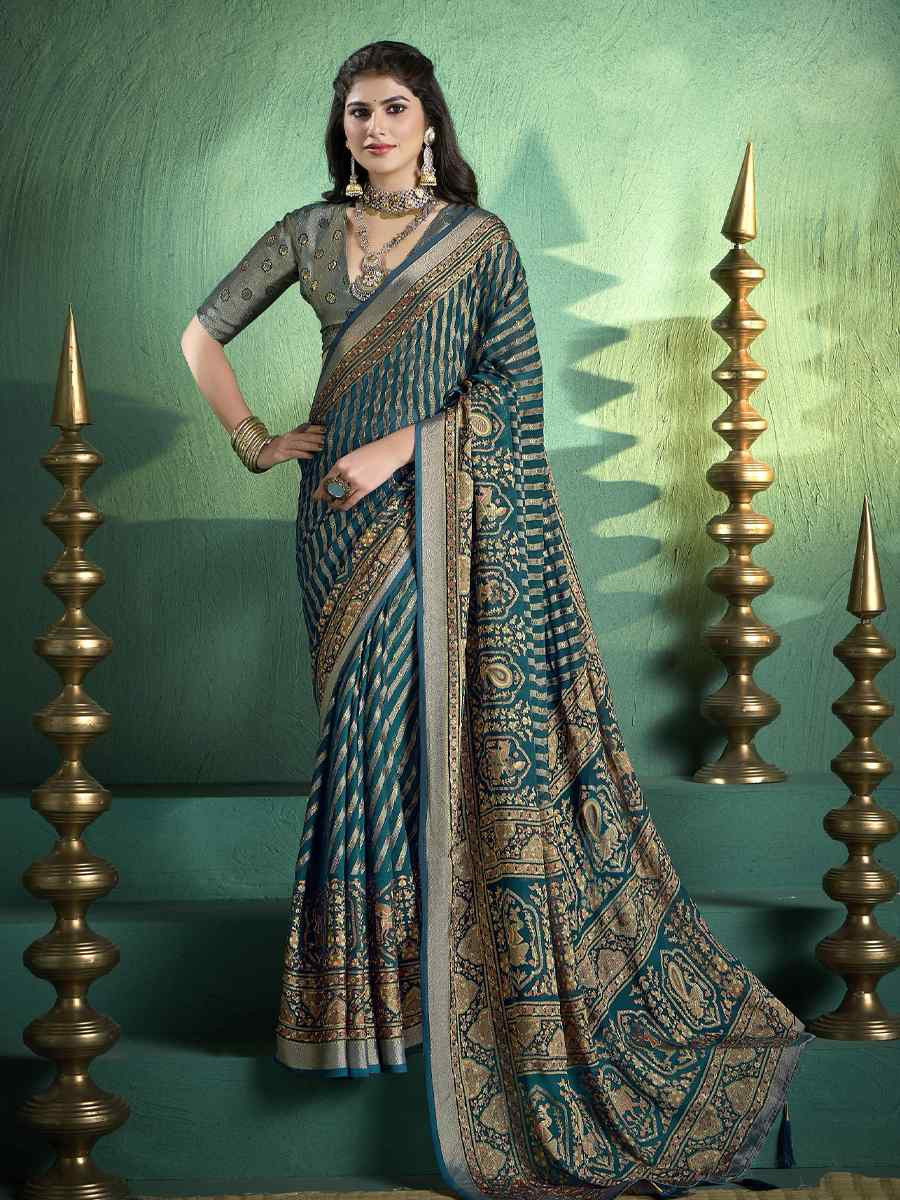 Teal Blue Silk Handwoven Festival Wedding Fancy Heavy Border Saree