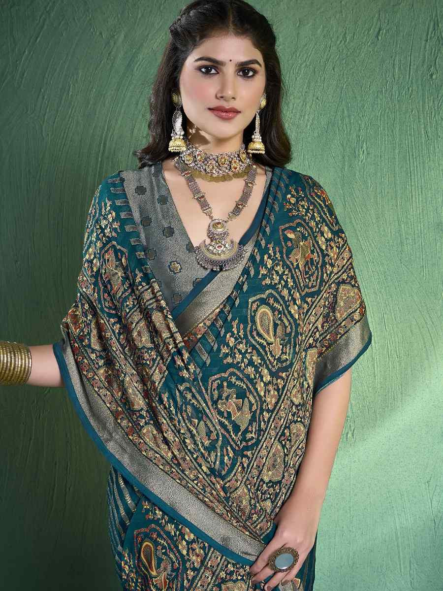 Teal Blue Silk Handwoven Festival Wedding Fancy Heavy Border Saree