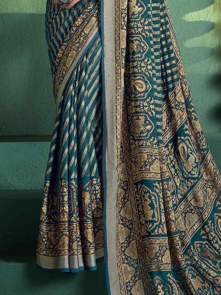 Teal Blue Silk Handwoven Festival Wedding Fancy Heavy Border Saree