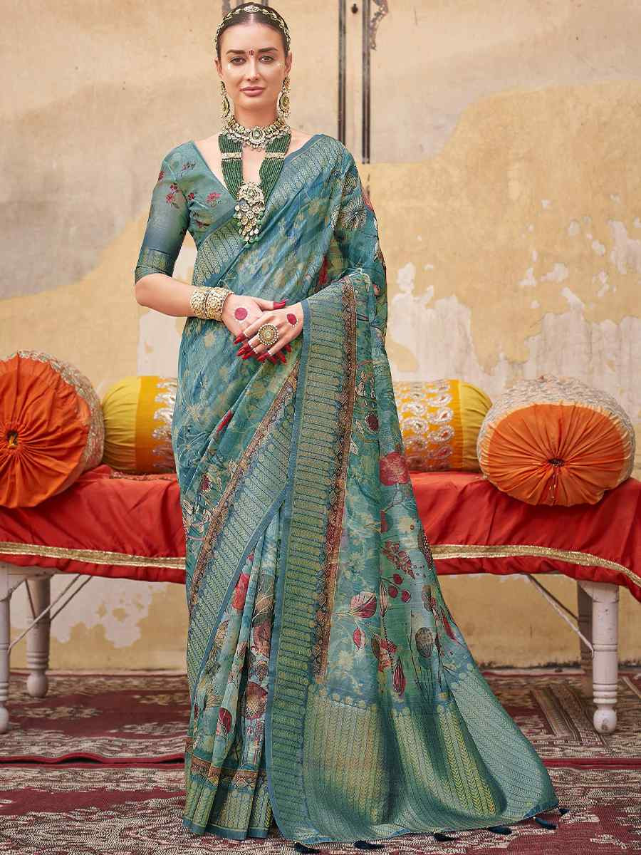 Teal Blue Silk Handwoven Festival Wedding Fancy Heavy Border Saree
