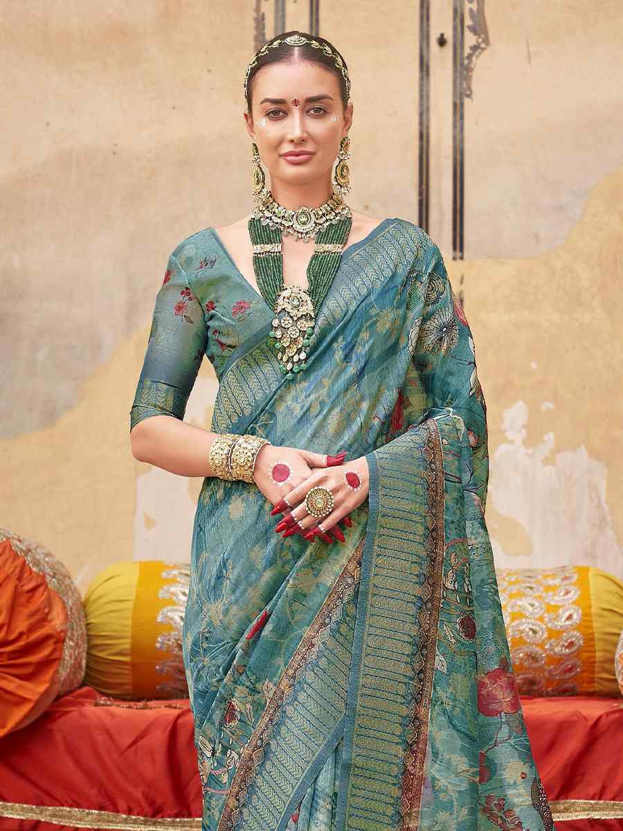 Teal Blue Silk Handwoven Festival Wedding Fancy Heavy Border Saree