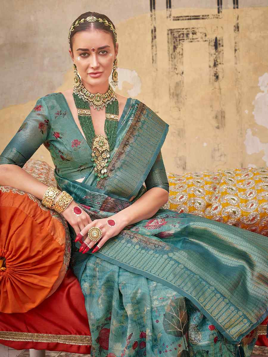 Teal Blue Silk Handwoven Festival Wedding Fancy Heavy Border Saree