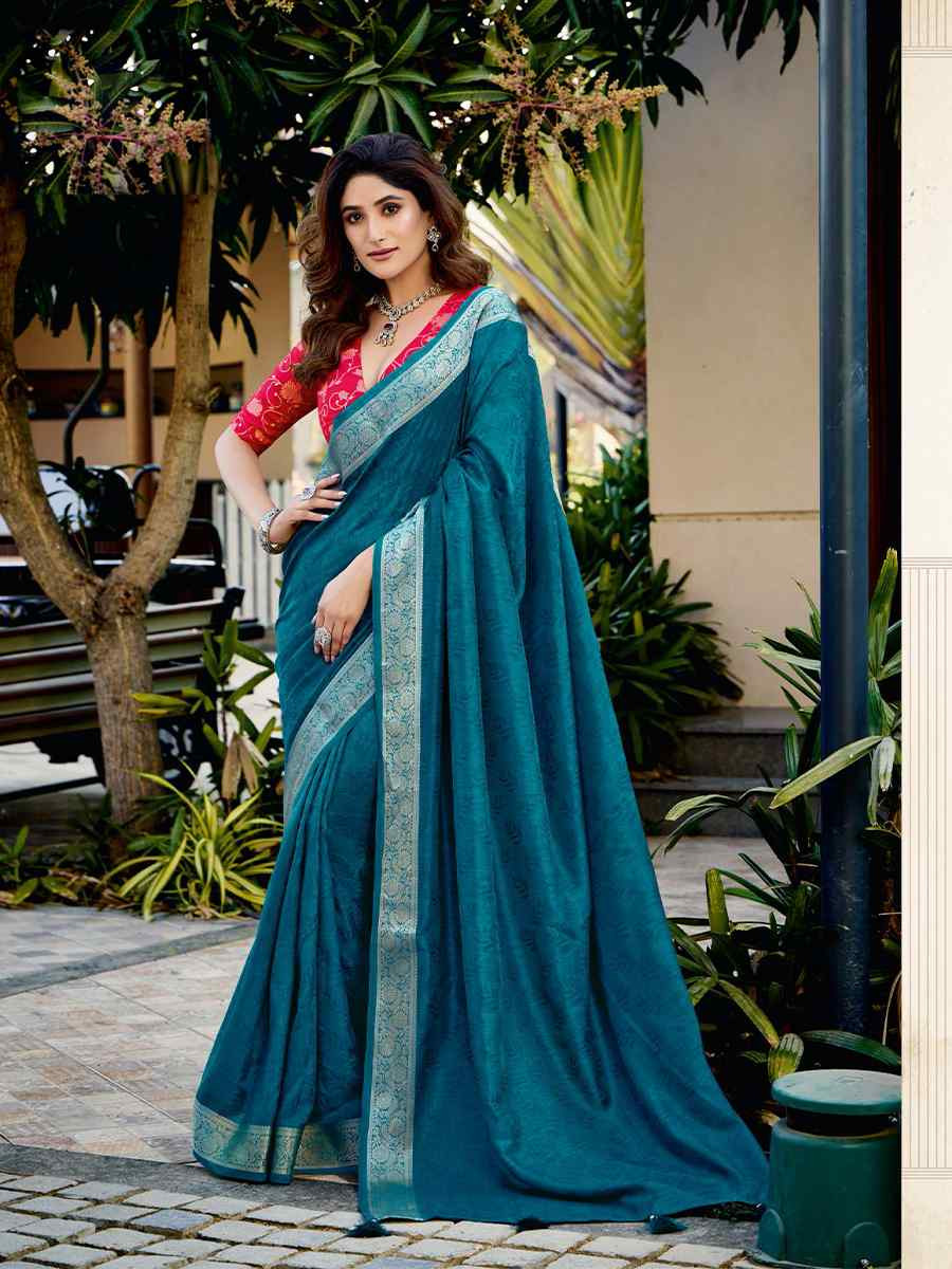 Teal Blue Silk Handwoven Festival Wedding Fancy Heavy Border Saree