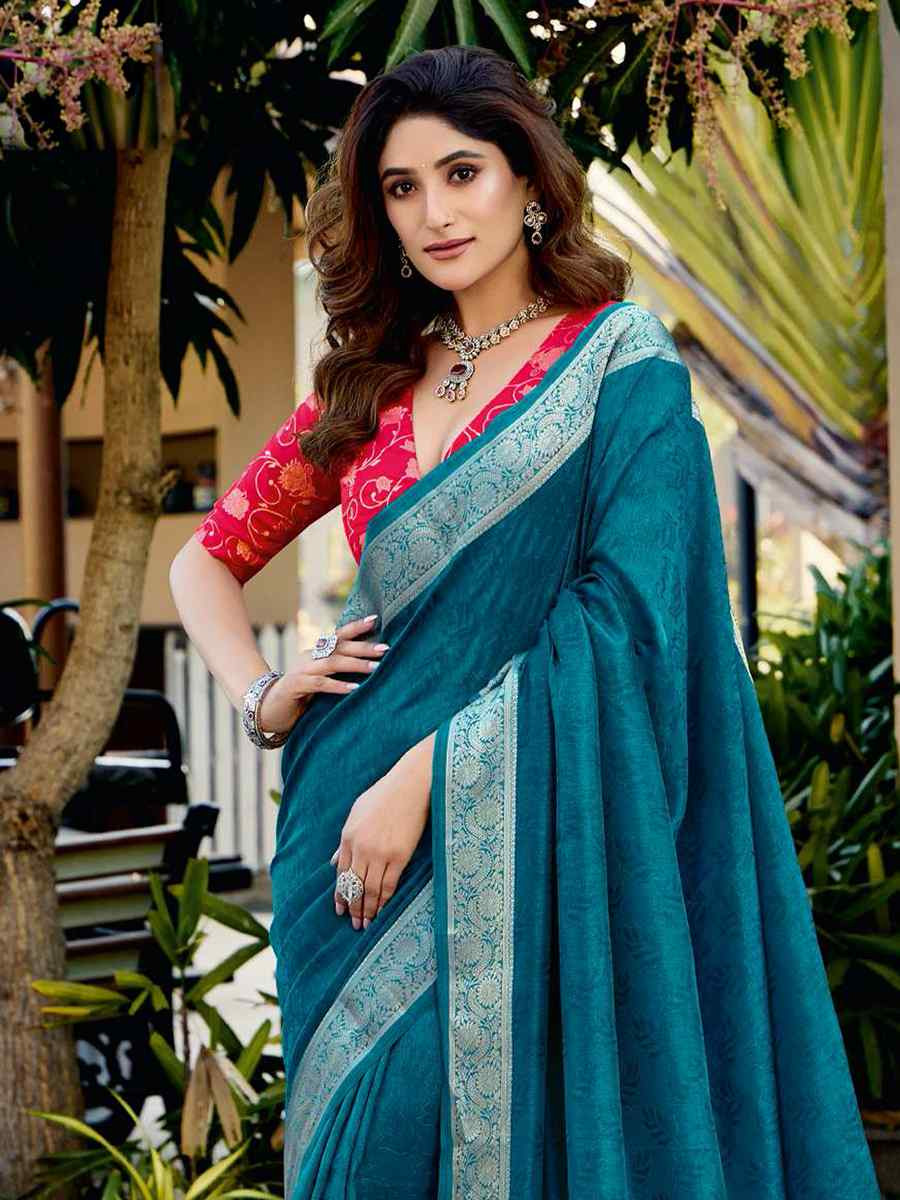 Teal Blue Silk Handwoven Festival Wedding Fancy Heavy Border Saree