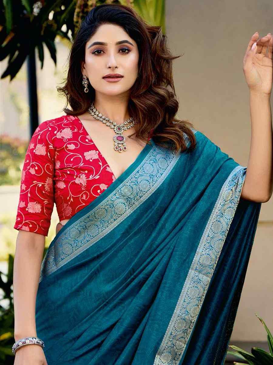 Teal Blue Silk Handwoven Festival Wedding Fancy Heavy Border Saree