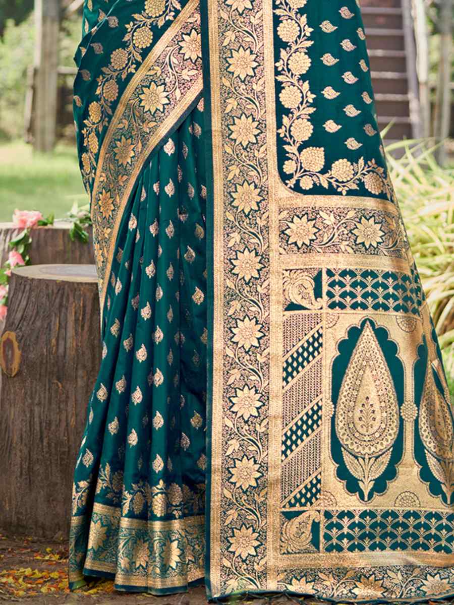 Teal Blue Silk Handwoven Wedding Festival Heavy Border Saree