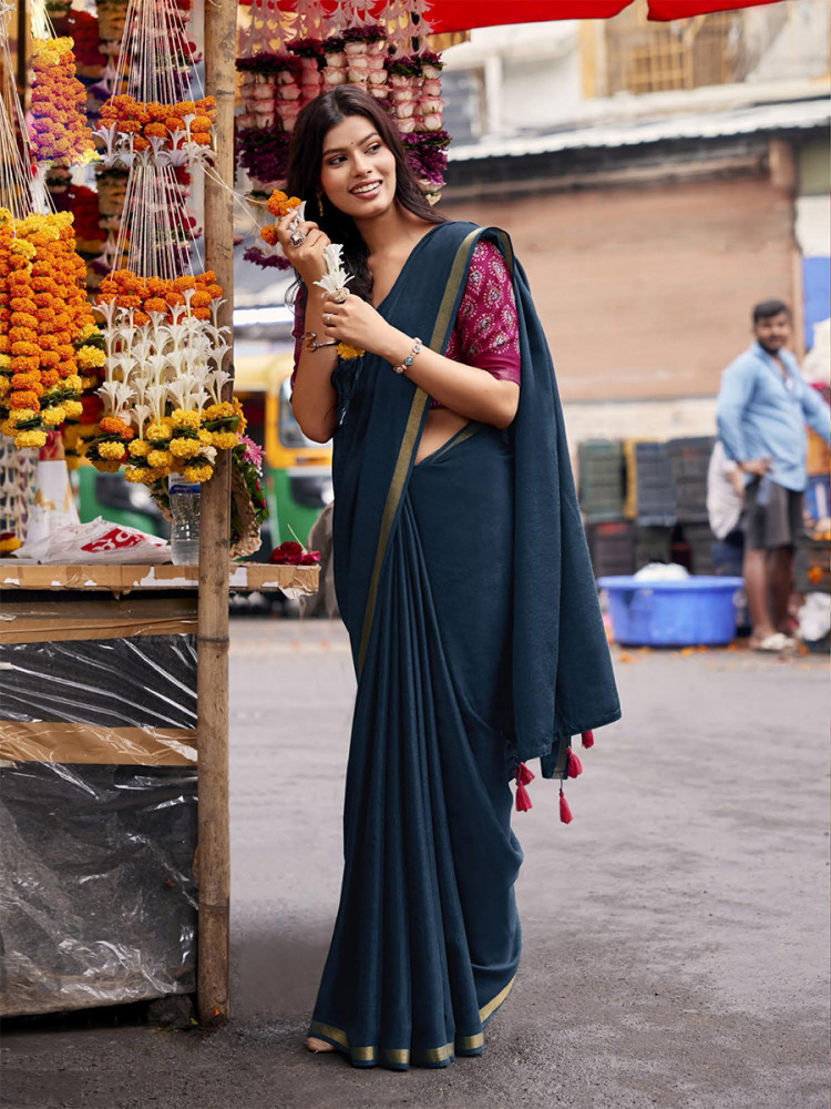 Image of Teal Blue Silk Plain Casual Party Festival Wedding Fancy Classic Style Sarees