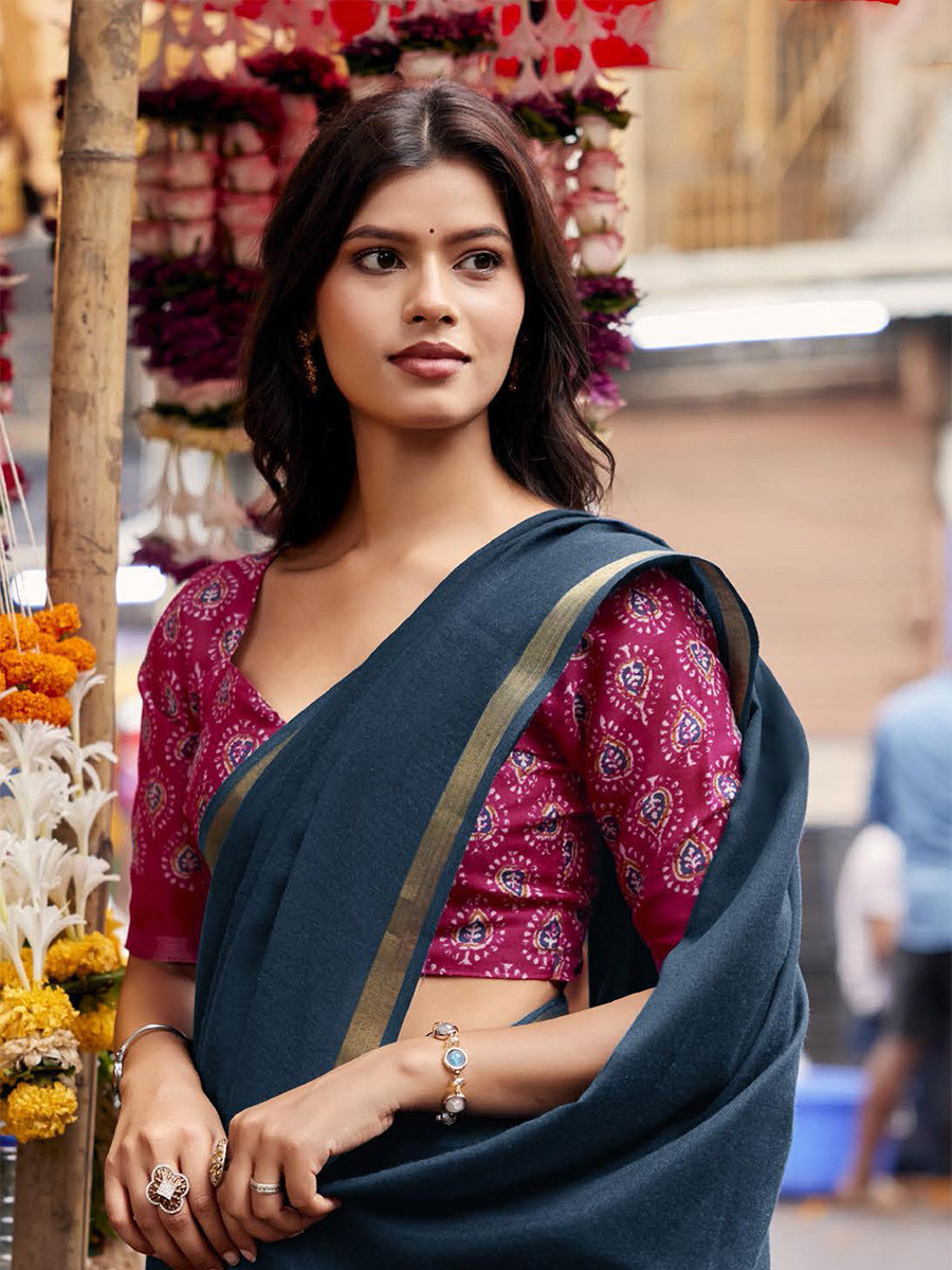 Teal Blue Silk Plain Casual Party Festival Wedding Fancy Classic Style Sarees