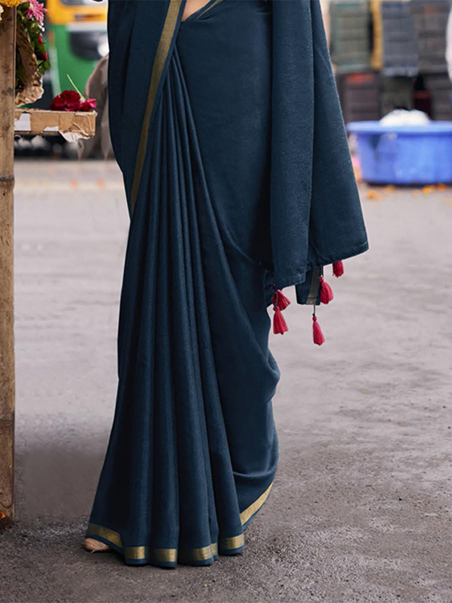 Teal Blue Silk Plain Casual Party Festival Wedding Fancy Classic Style Sarees