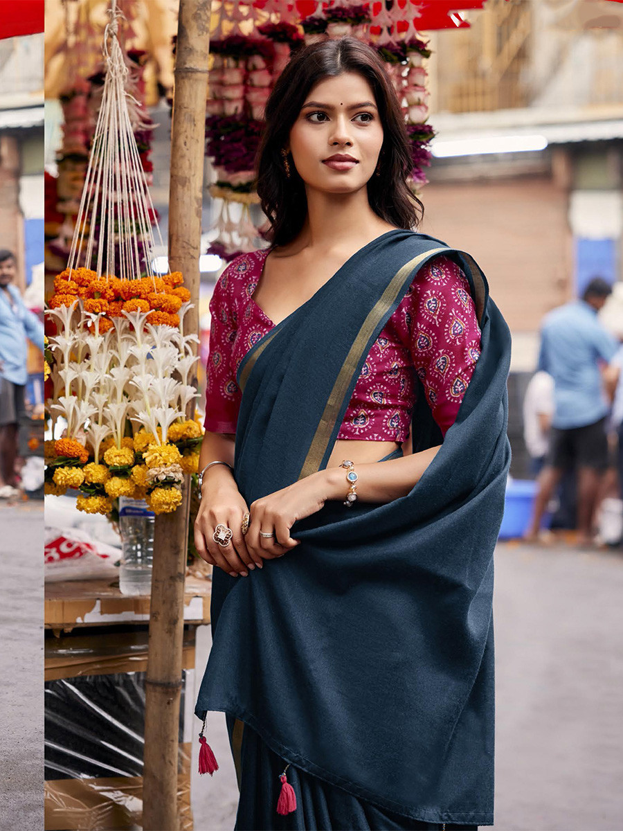 Teal Blue Silk Plain Casual Party Festival Wedding Fancy Classic Style Sarees