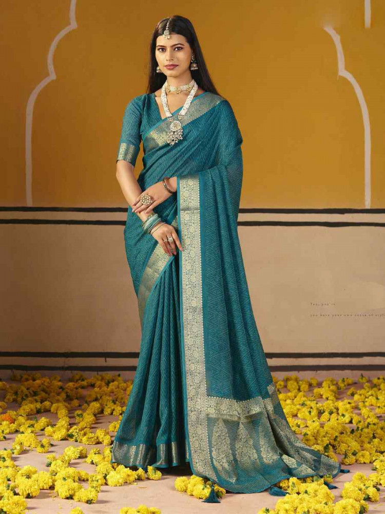 Image of Teal Blue Silk Printed Handwoven Casual Reception Festival Wedding Fancy Classic Style Sarees