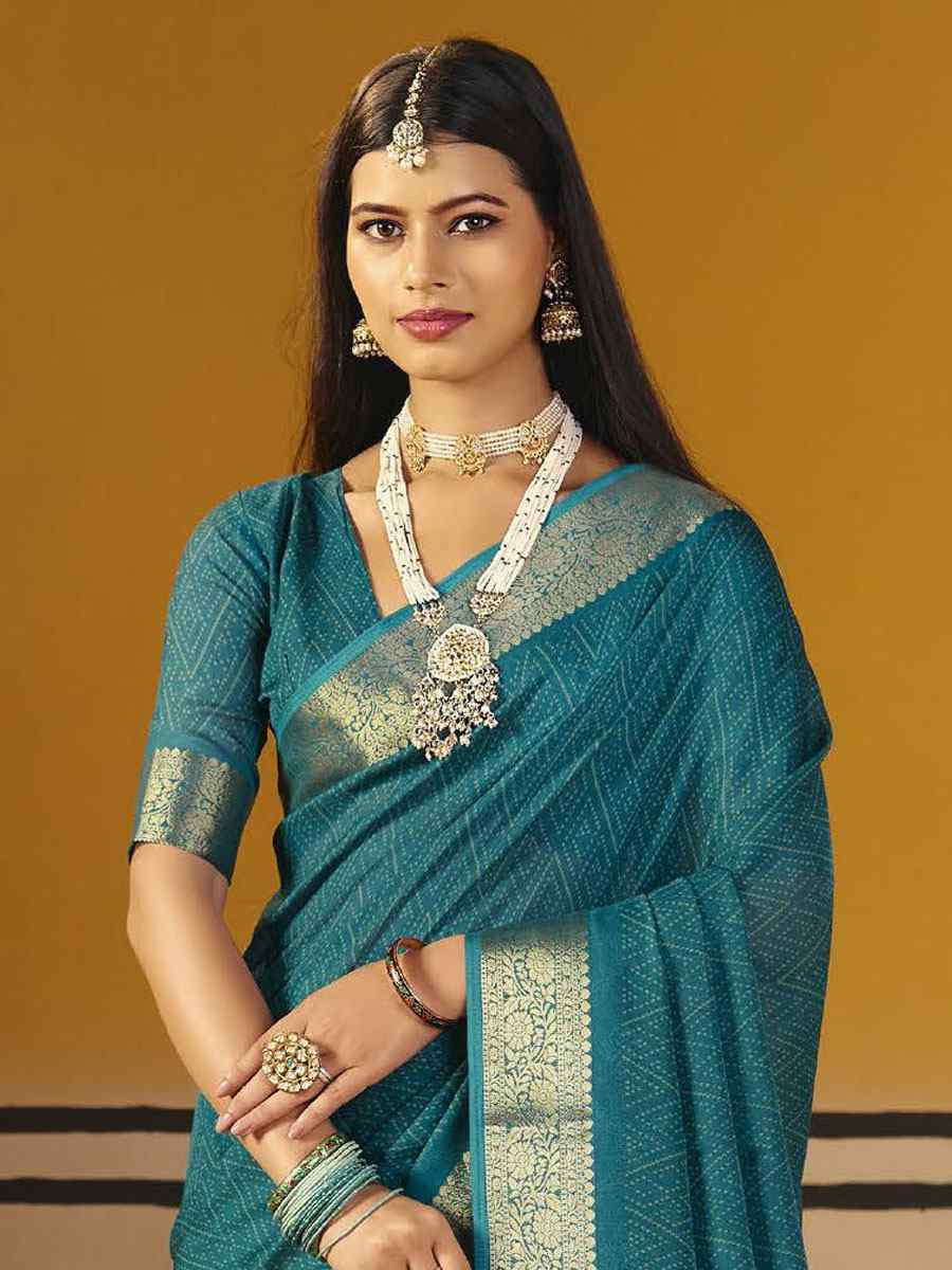 Teal Blue Silk Printed Handwoven Casual Reception Festival Wedding Fancy Classic Style Sarees