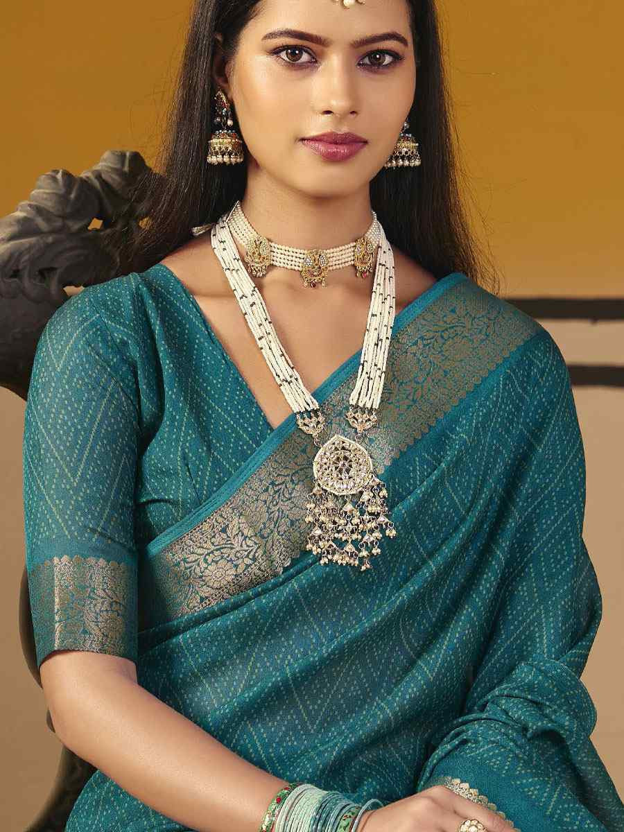 Teal Blue Silk Printed Handwoven Casual Reception Festival Wedding Fancy Classic Style Sarees