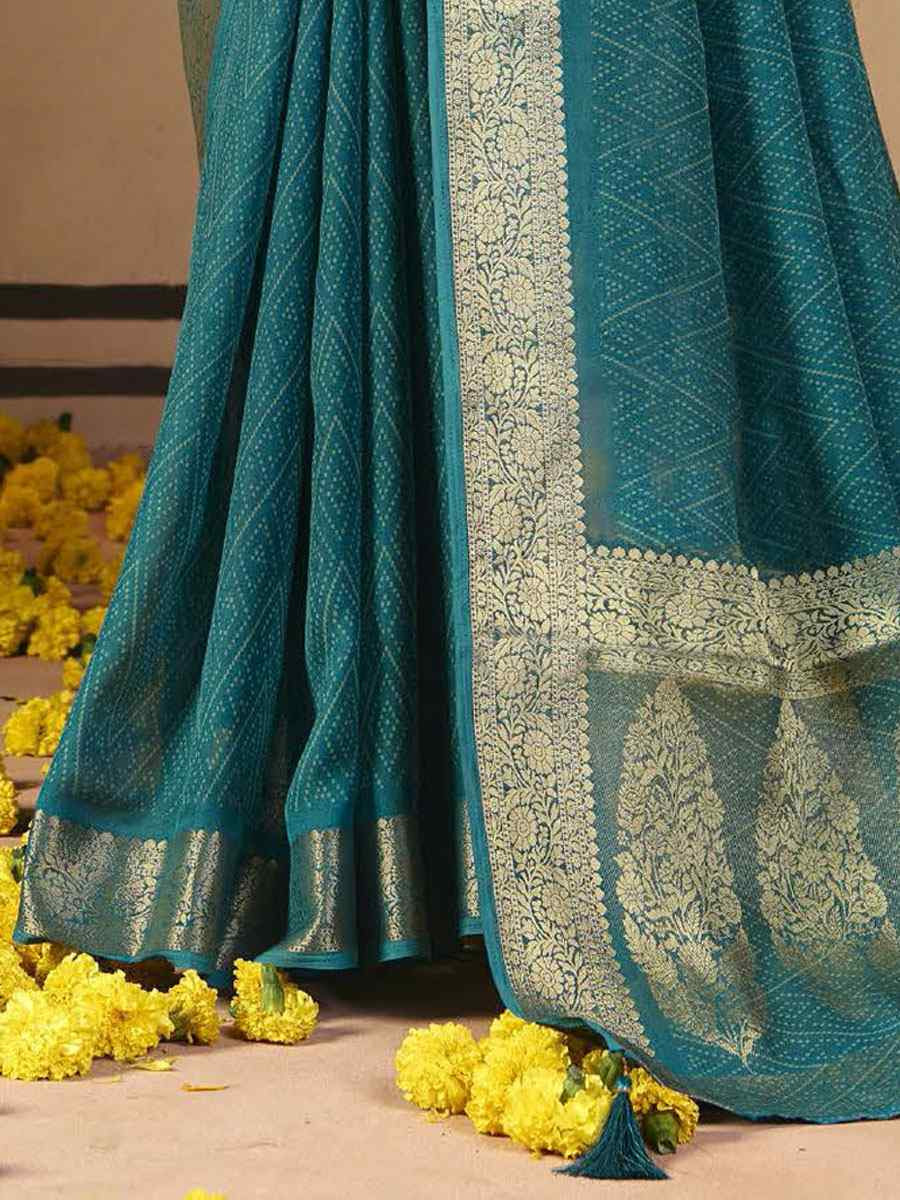 Teal Blue Silk Printed Handwoven Casual Reception Festival Wedding Fancy Classic Style Sarees