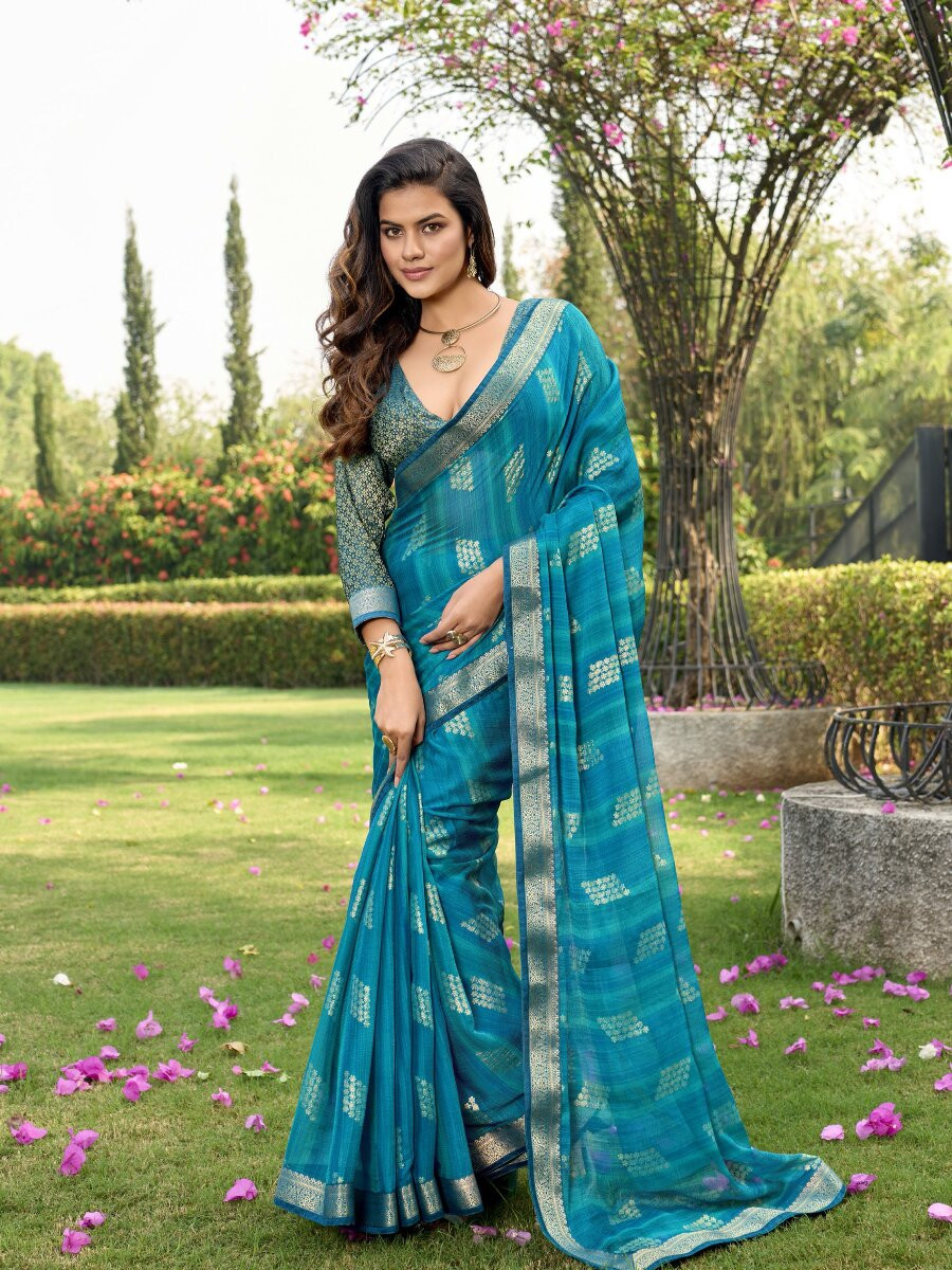 Teal Blue Silk Printed Wedding Reception Party Festival Casual Heavy Border Sarees
