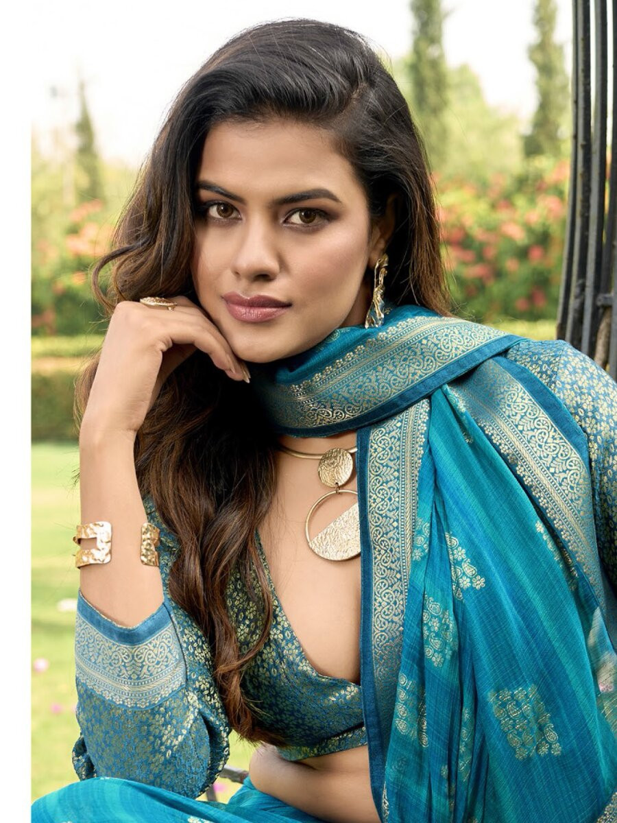 Teal Blue Silk Printed Wedding Reception Party Festival Casual Heavy Border Sarees