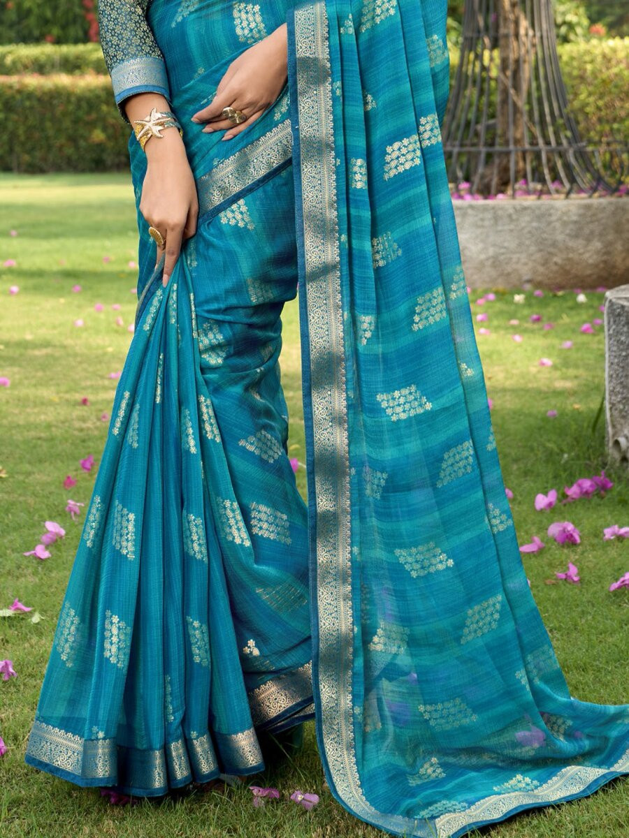 Teal Blue Silk Printed Wedding Reception Party Festival Casual Heavy Border Sarees