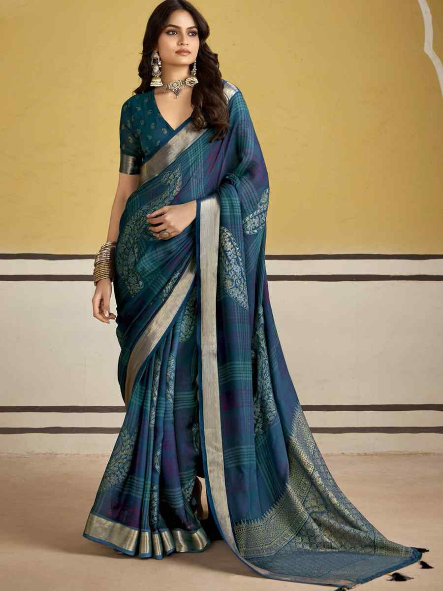 Teal Blue Silk Printed with Handwoven Festival Wedding Fancy Heavy Border Saree