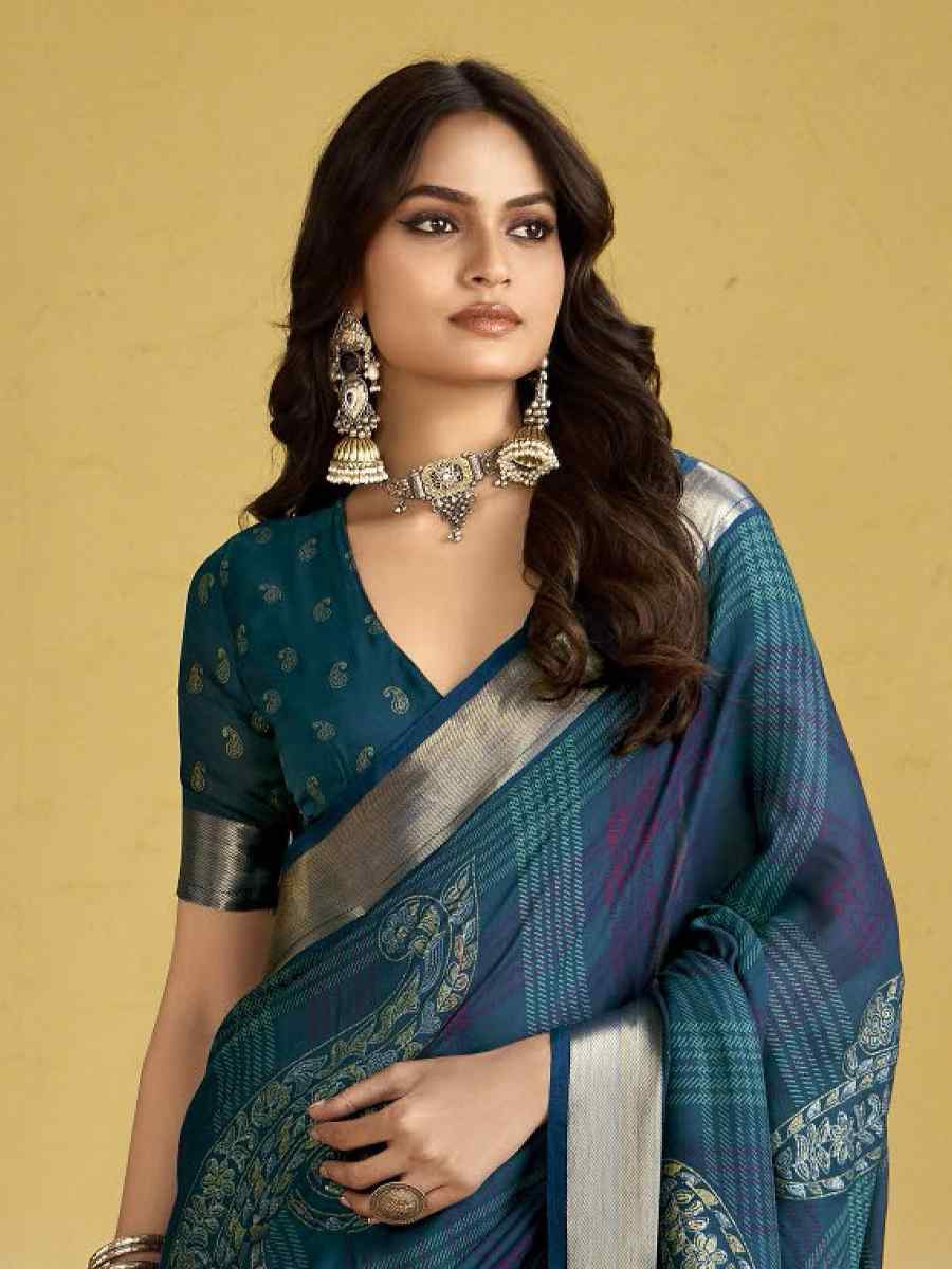 Teal Blue Silk Printed with Handwoven Festival Wedding Fancy Heavy Border Saree